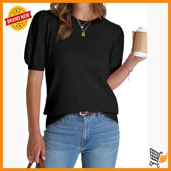 Sweaters - Puff Sleeve Short Sleeve Sweater Business Casual Top Lightweight Knit